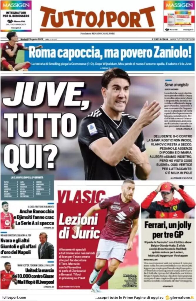 Rassegna stampa Juve: prime pagine quotidiani sportivi - 23 agosto 2022 37 tuttosport 003303855