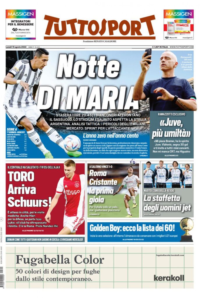 Rassegna stampa Juve: prime pagine quotidiani sportivi - 15 agosto 2022 37 tuttosport