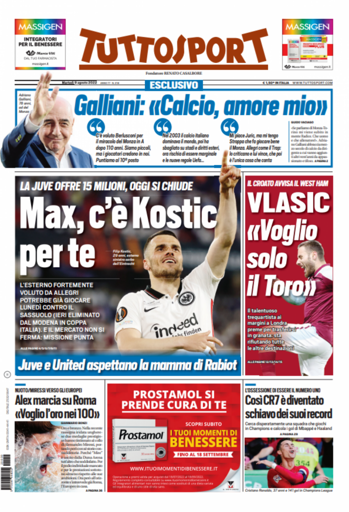 Rassegna stampa Juve: prime pagine quotidiani sportivi - 9 agosto 2022 36 tuttosport 9 agosto 2022
