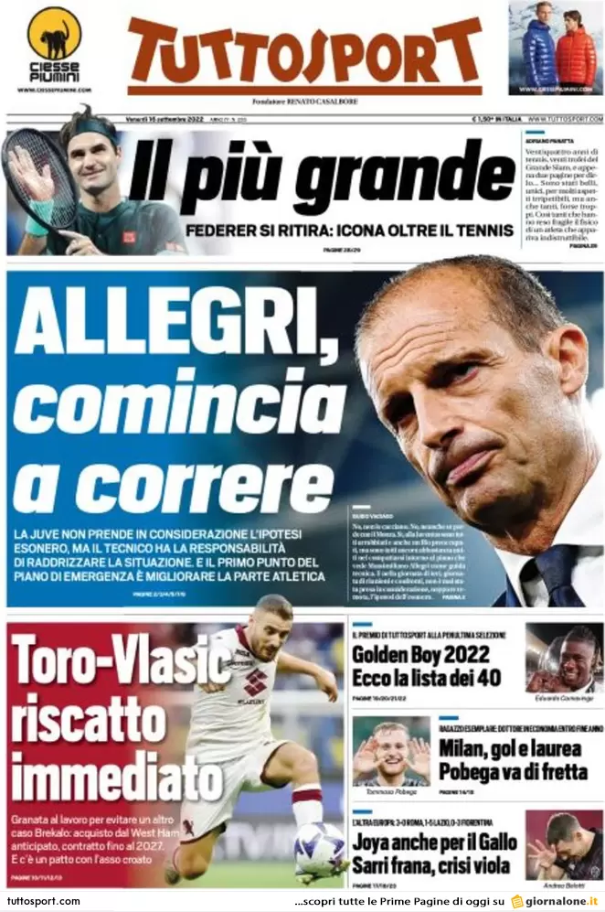Rassegna stampa Juve: prime pagine quotidiani sportivi - 16 settembre 2022 36 Tuttosport 1