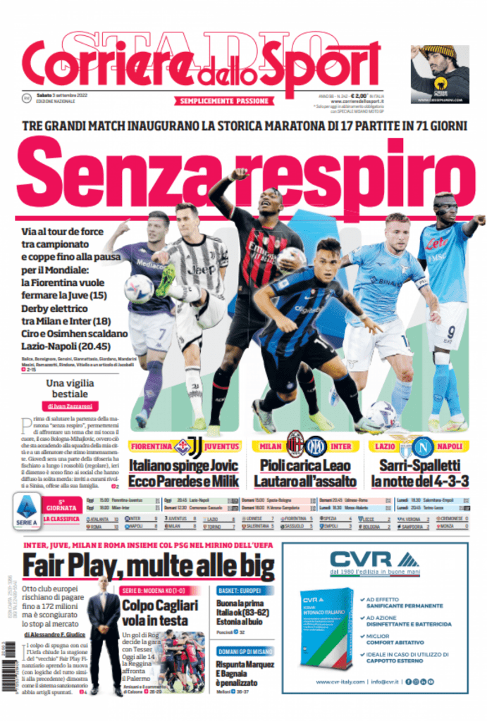Rassegna stampa Juve: prime pagine quotidiani sportivi - 3 settembre 2022 37 cds 3 settembre