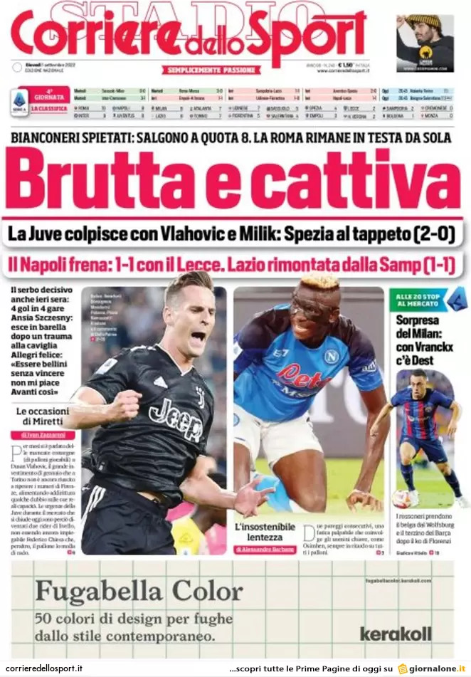 Rassegna stampa Juve: prime pagine quotidiani sportivi - 1 settembre 2022 37 corriere dello sport 004309496