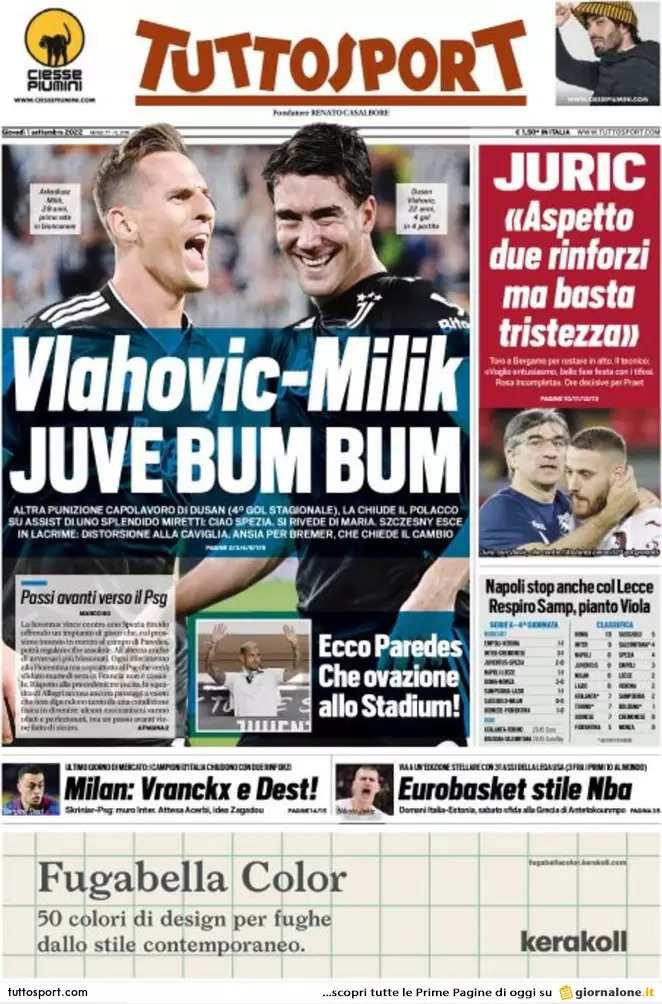Rassegna stampa Juve: prime pagine quotidiani sportivi - 1 settembre 2022 36 tuttosport 004303932