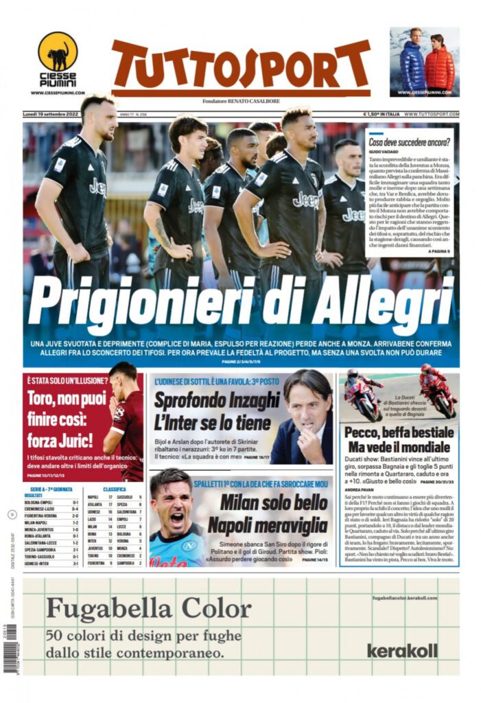 Rassegna stampa Juve: prime pagine quotidiani sportivi - 19 settembre 2022 37 tuttosport 21