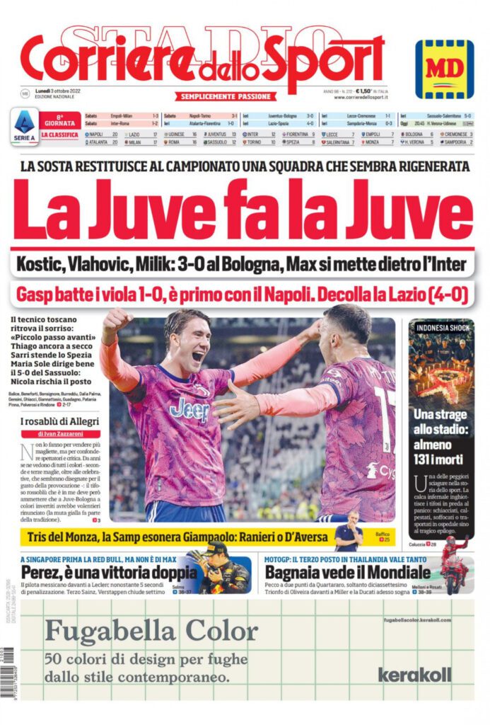 Rassegna stampa Juve: prime pagine quotidiani sportivi - 3 ottobre 2022 37 cds rassegna 3 ott 22