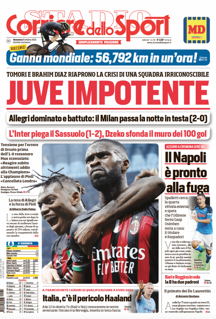 Rassegna stampa Juve: prime pagine quotidiani sportivi - 9 ottobre 2022 36 corriere dello sport 9 ottobre 2022