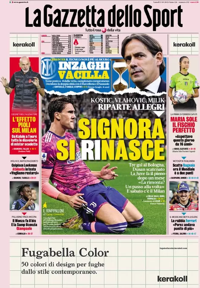 Rassegna stampa Juve: prime pagine quotidiani sportivi - 3 ottobre 2022 38 la gazzetta dello sport 005304300