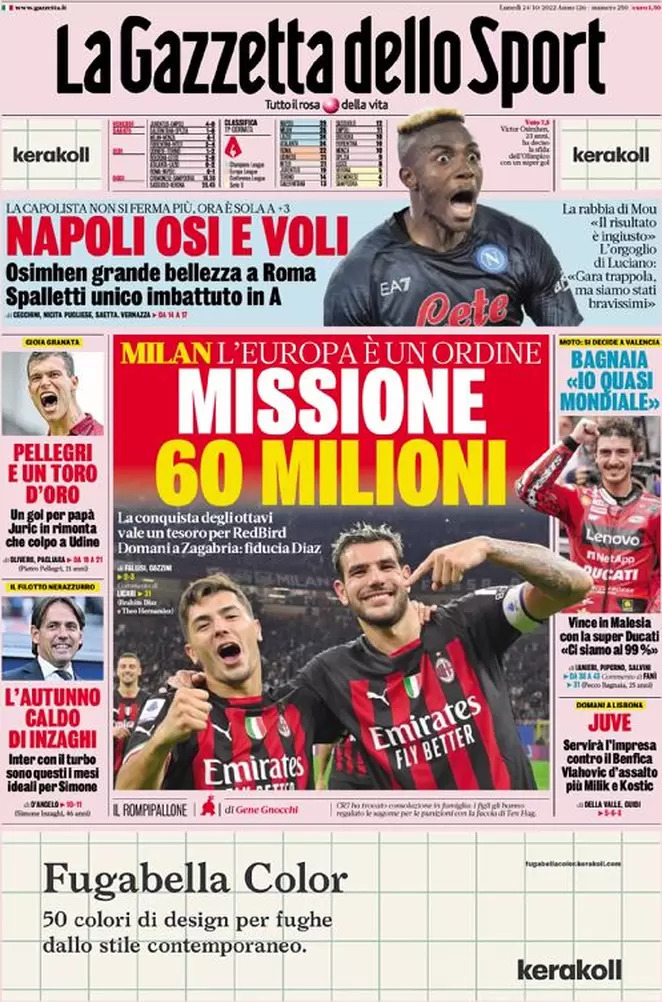 Rassegna stampa Juve: prime pagine quotidiani sportivi - 24 ottobre 2022 38 la gazzetta dello sport 005304681