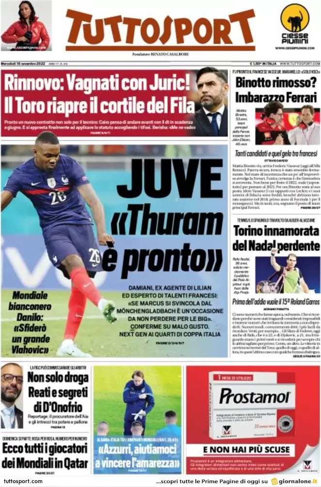 Rassegna stampa Juve: prime pagine quotidiani sportivi - 16 novembre 2022 36 tuttosport 003304135