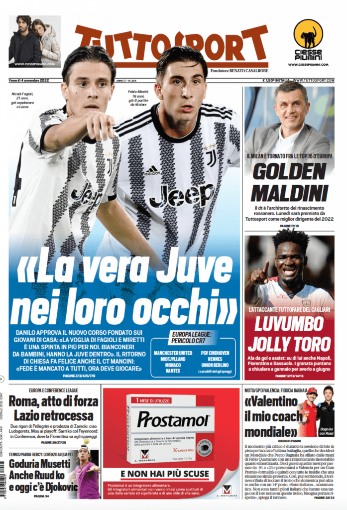 Rassegna stampa Juve: prime pagine quotidiani sportivi - 4 novembre 2022 36 tuttosport 4 novembre 2022 1