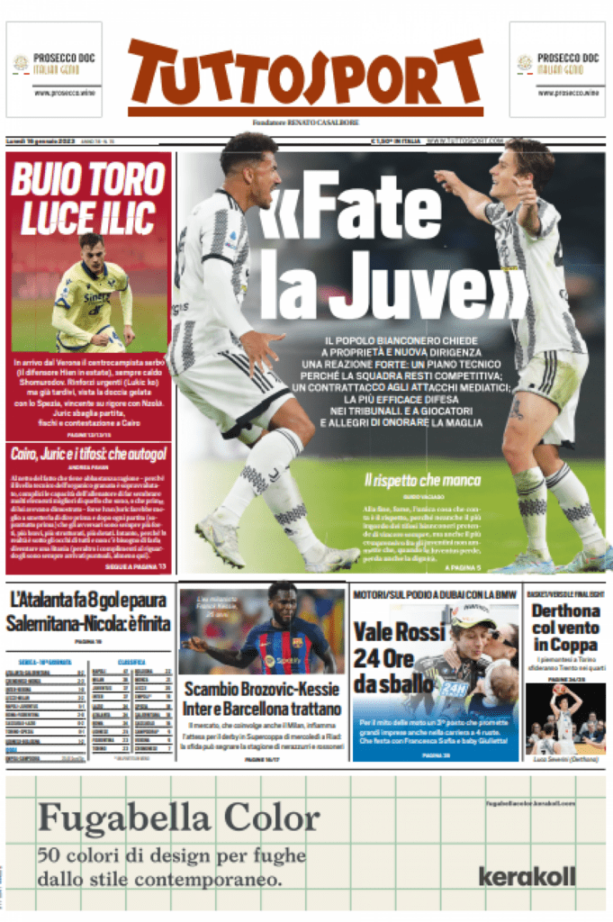 Rassegna stampa Juve: prime pagine quotidiani sportivi – 16 gennaio 2023 37 tuttosport 45