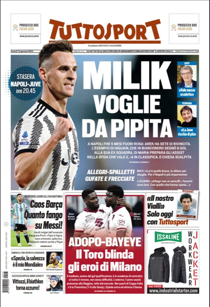 Rassegna stampa Juve: prime pagine quotidiani sportivi – 13 gennaio 2023 39 tuttosport