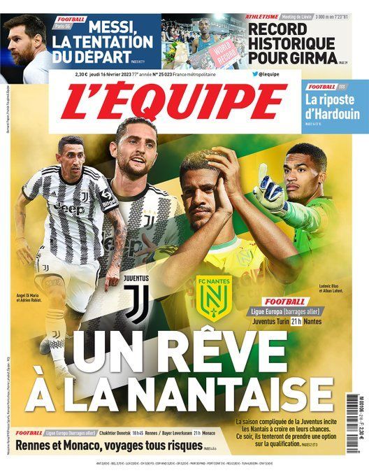 Rassegna stampa Juve: prime pagine quotidiani sportivi – 16 febbraio 2023 40 Equipe