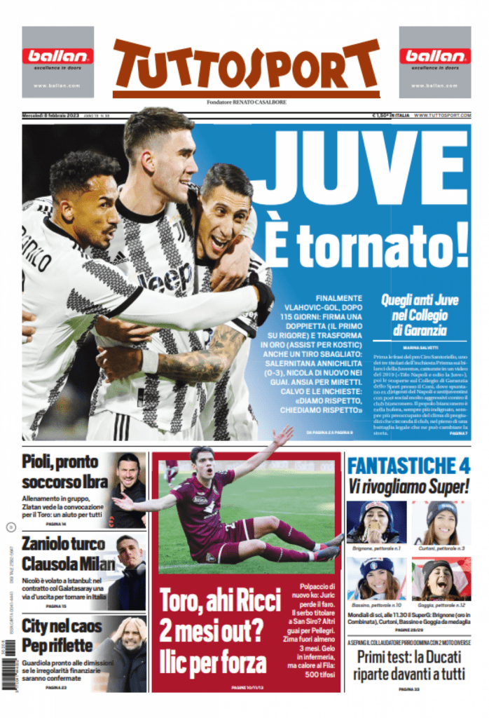 Rassegna stampa Juve: prime pagine quotidiani sportivi – 8 febbraio 2023 36 tuttosport 8 febbraio 2022 1