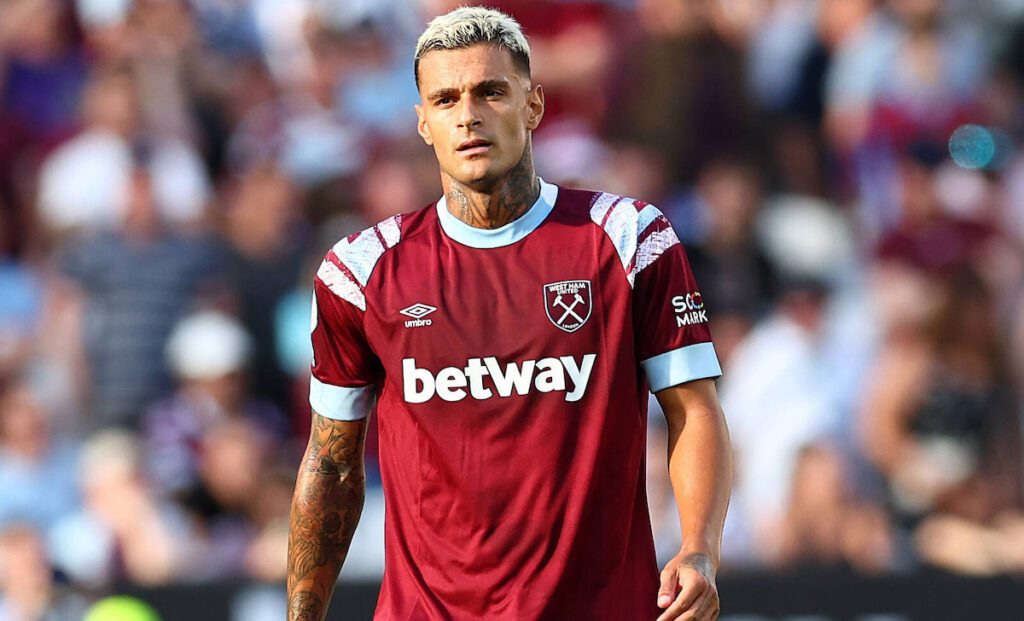 London, England, 7th August 2022. Gianluca Scamacca of West Ham United during the Premier League match at the London Sta