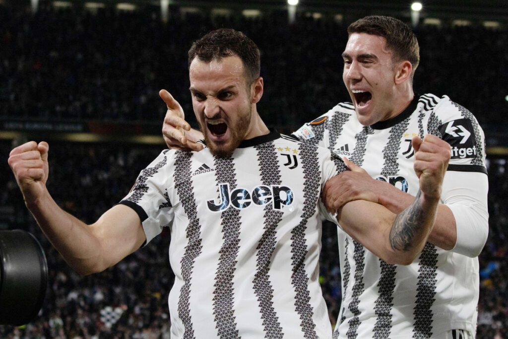 Football Europa League match Quarter finals Juventus FC vs Sporting SP Juventus Federico Gatti and Dusan Vlahovic Ce