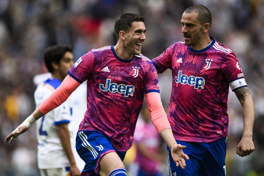 Juventus FC v US Lecce Serie A Dusan Vlahovic of Juventus FC celebrates with Leonardo Bonucci of Juventus FC after sco