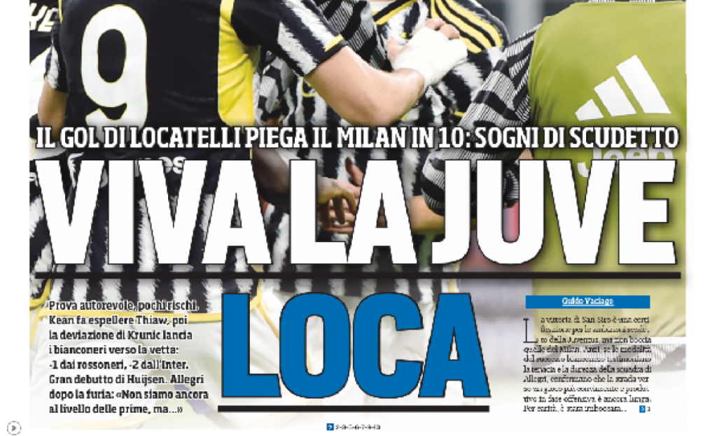 Tuttosport prima pagina 23 ottobre 2023 rid png