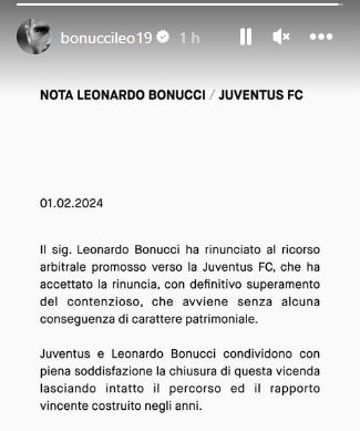 Bonucci rinuncia al ricorso contro la Juve: l'annuncio social dell'ex capitano - FOTO 37 Cattura