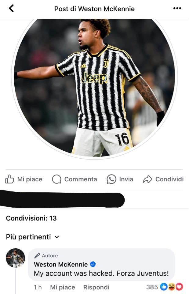 McKennie chiude il caso del profilo Facebook e scrive ai tifosi: «Forza Juve» - FOTO 37 WhatsApp Image 2024 05 03 at 21.06.41