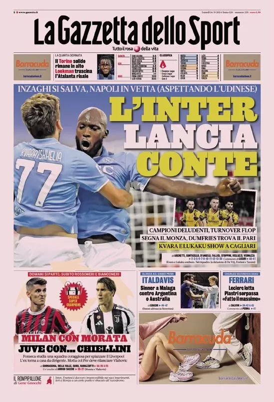 Rassegna stampa Juve: prime pagine quotidiani sportivi - 16 settembre 38 la gazzetta dello sport 010026977