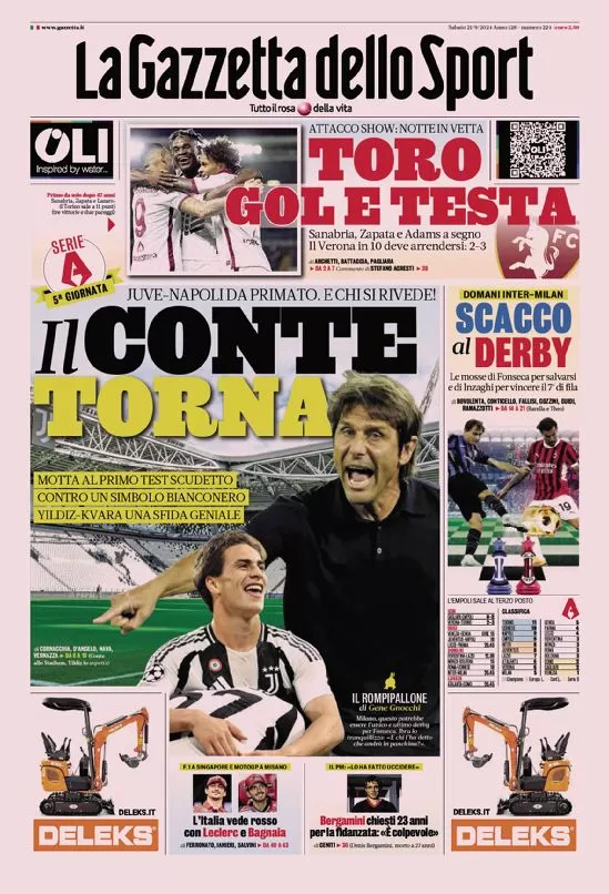 Rassegna stampa Juve: prime pagine quotidiani sportivi - 21 settembre 39 la gazzetta dello sport 010029214