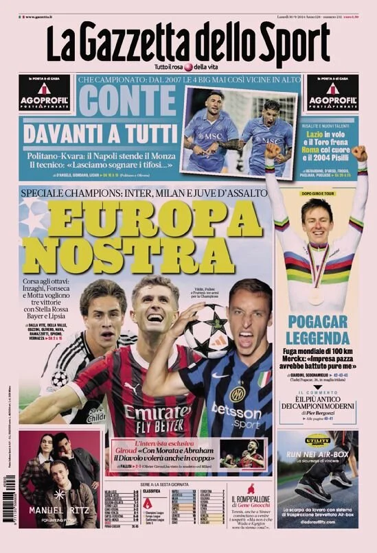 Rassegna stampa Juve: prime pagine quotidiani sportivi - 30 settembre 38 la gazzetta dello sport 010126980