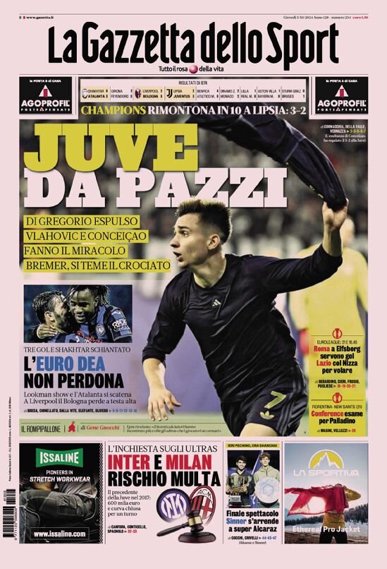 Rassegna stampa Juve: prime pagine quotidiani sportivi - 3 ottobre 38 la gazzetta dello sport 010038768