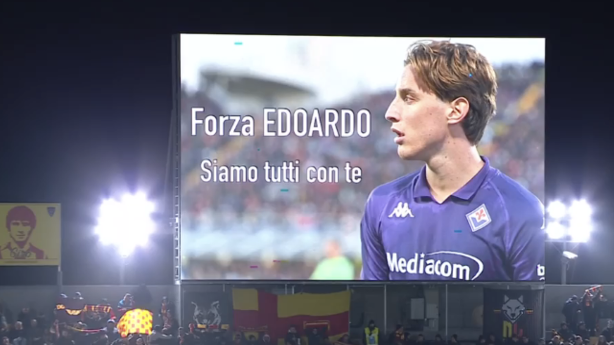 Malore Bove, messaggio di vicinanza al centrocampista prima di Lecce Juve: la FOTO apparsa sugli schermi del Via del mare 36 malore bove