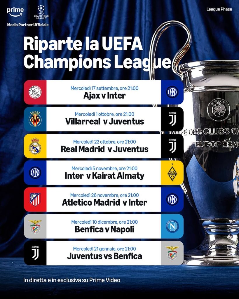 Partite Juve Champions Prime Video: ecco quali match dei bianconeri verranno trasmessi in diretta tv. Tutti i dettagli 37 partite juve