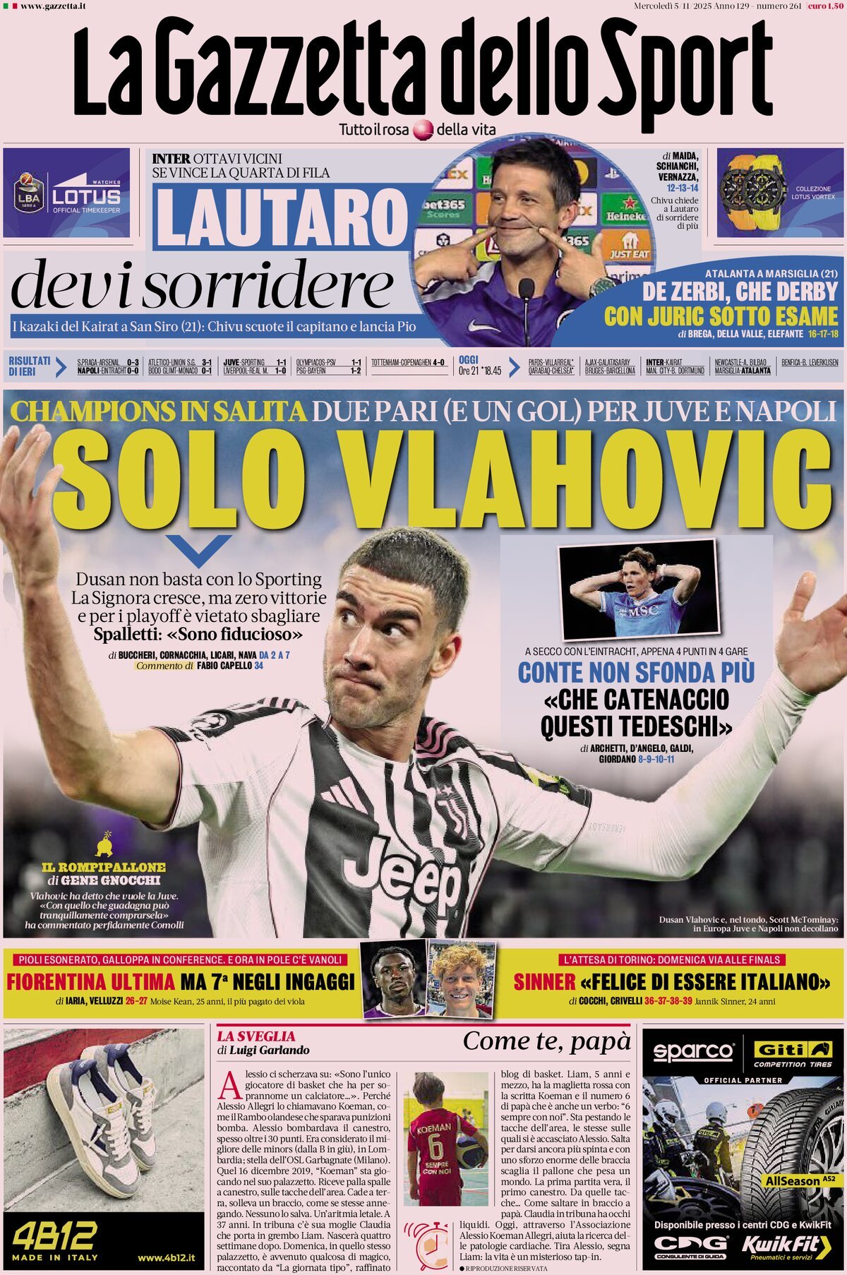 Rassegna stampa Juve: prime pagine quotidiani sportivi – 5 novembre Rassegna stampa Juve: prime pagine quotidiani sportivi – 5 novembre