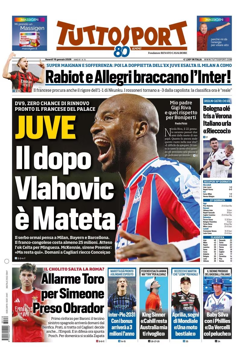 Rassegna stampa Juve: prime pagine quotidiani sportivi – 16 gennaio