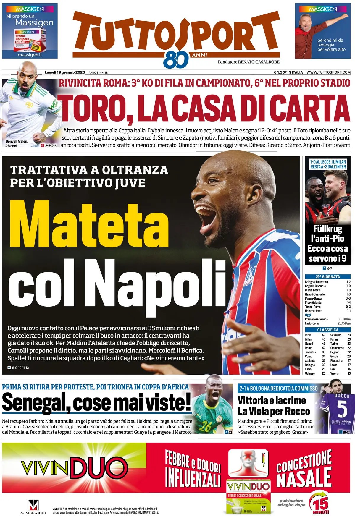 Rassegna stampa Juve: prime pagine quotidiani sportivi – 19 gennaio