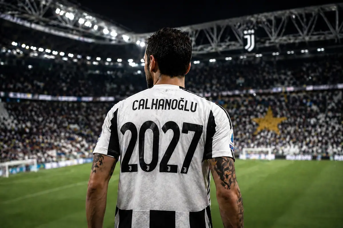 Scenario incredibile e tradimento Inter: Calhanoglu alla Juve a parametro zero 36 Calhanoglu con la maglia della Juve e il numero 2027, anno di scadenza del contratto, immagine creata con l'intelligenza artificiale
