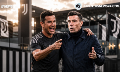Brambilla e Padoin con lo stadio della Juventus e le bandiere bianconere sullo sfondo