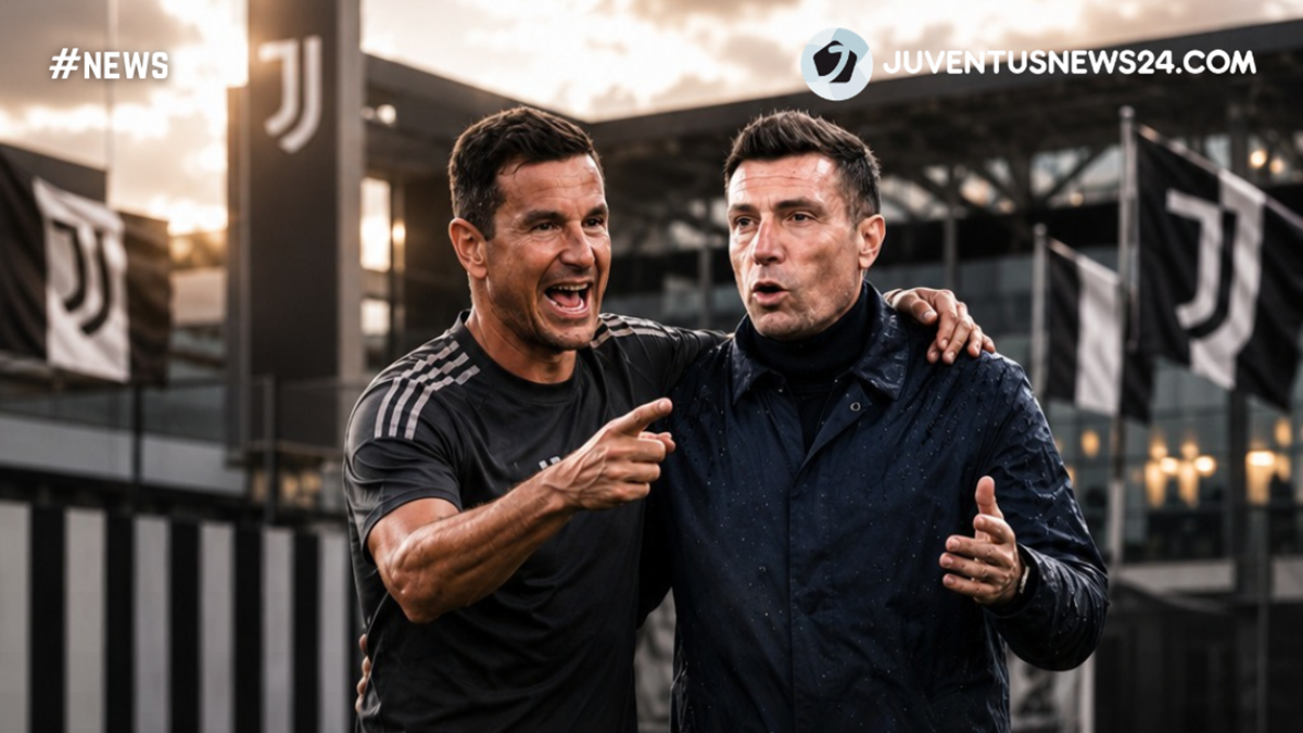 Brambilla e Padoin con lo stadio della Juventus e le bandiere bianconere sullo sfondo