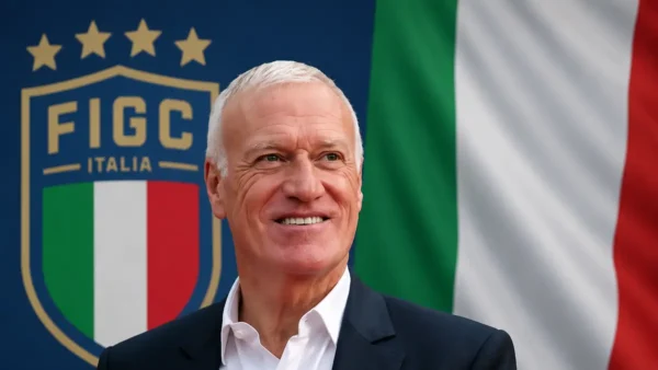 Deschamps sorridente con la bandiera dell'Italia alle spalle