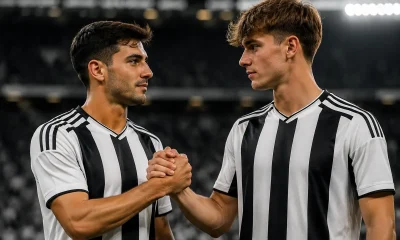 Brahim Diaz e Nico Paz con maglie bianconera mentre si stringono la mano