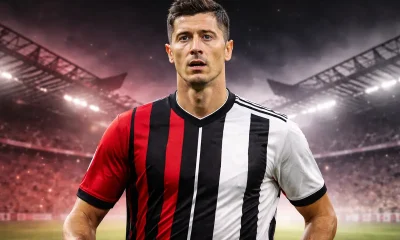 Lewandowski con metà maglia del Milan e metà della Juve
