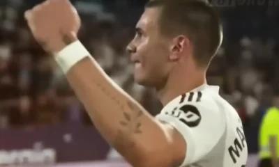 Franco Mastantuono esulta dopo un gol con la maglia del Real Madrid