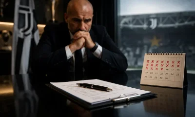 Spalletti davanti ad un contratto con lo Stadium sullo sfondo