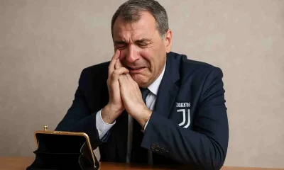 Comolli in lacrime con accanto un portafoglio vuoto, immagine creata con AI