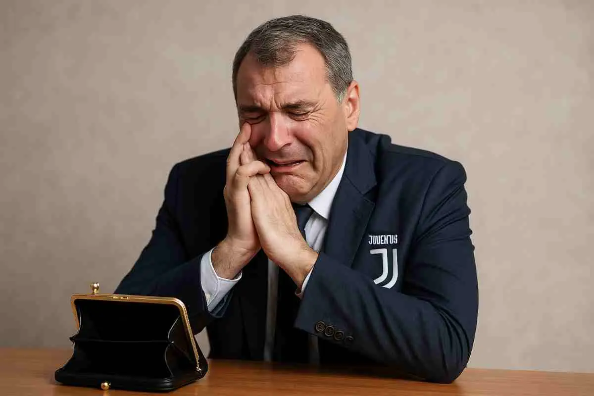 Comolli in lacrime con accanto un portafoglio vuoto, immagine creata con AI