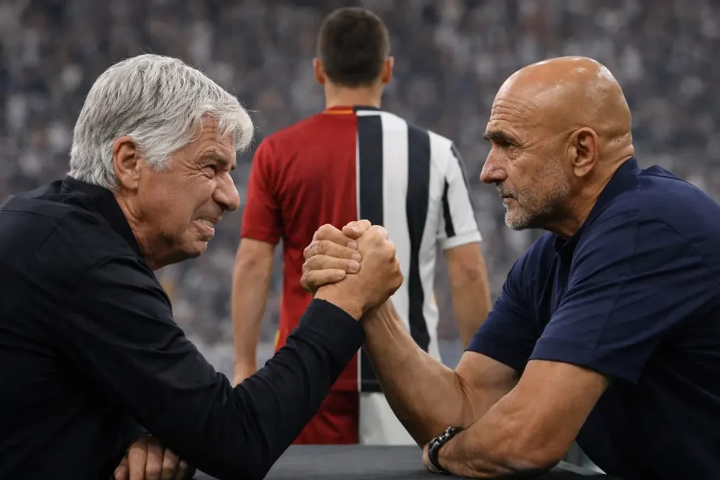 Gasperini e Spalletti si sfidano a braccio di ferro, immagine IA