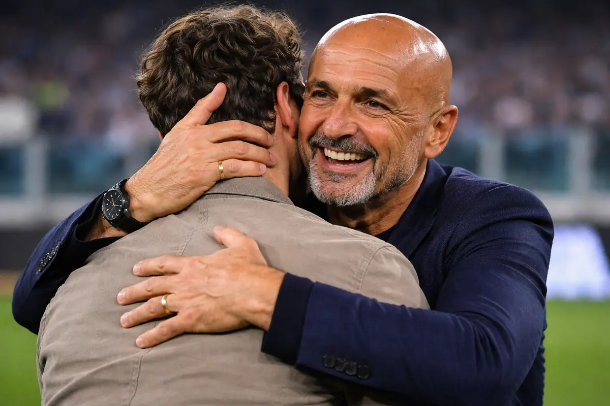 Spalletti abbraccia Goretzka, di spalle, immagine creata con AI